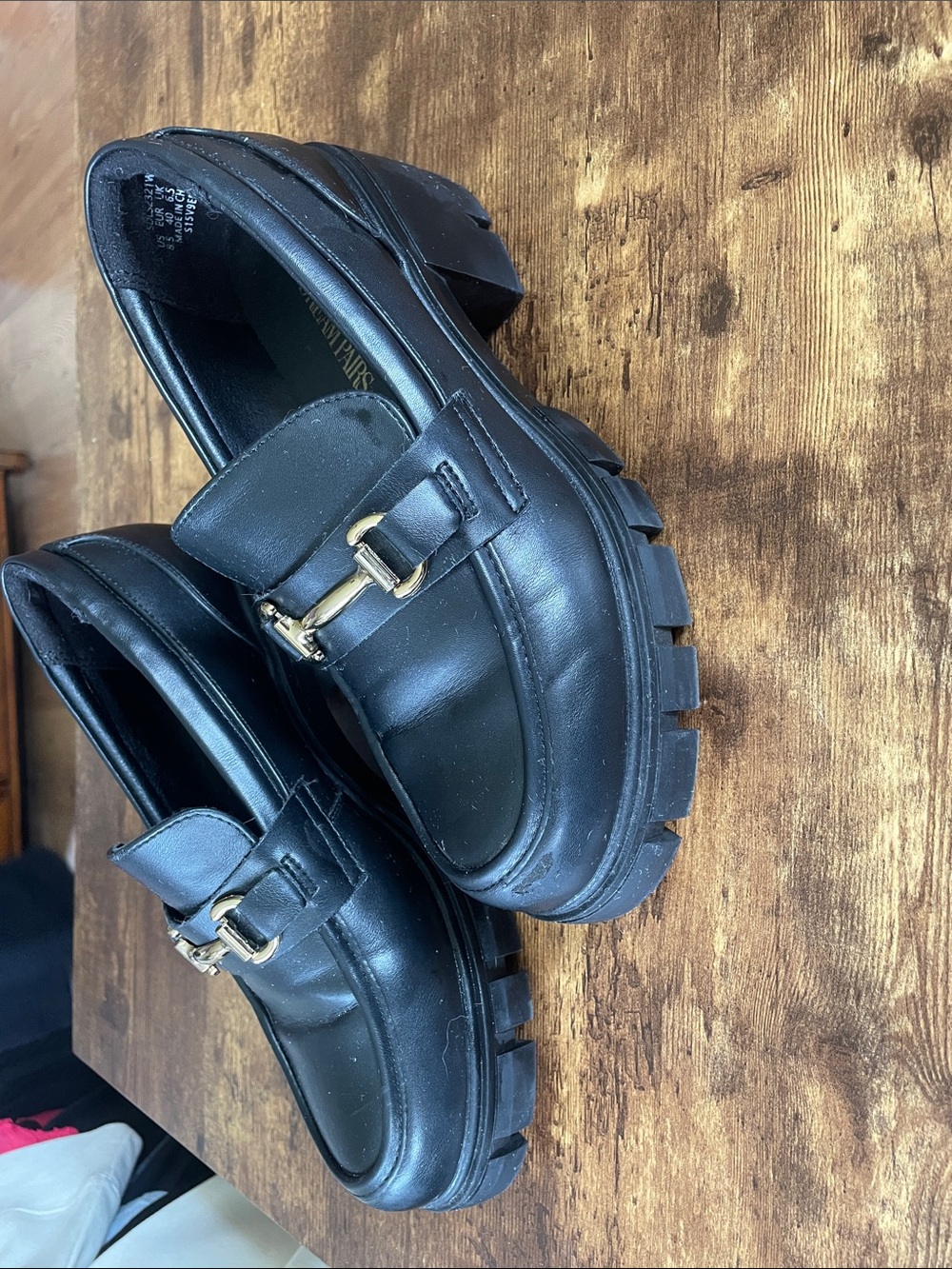 Dream Pairs Black Lug-Sole Loafers with Gold Buckle